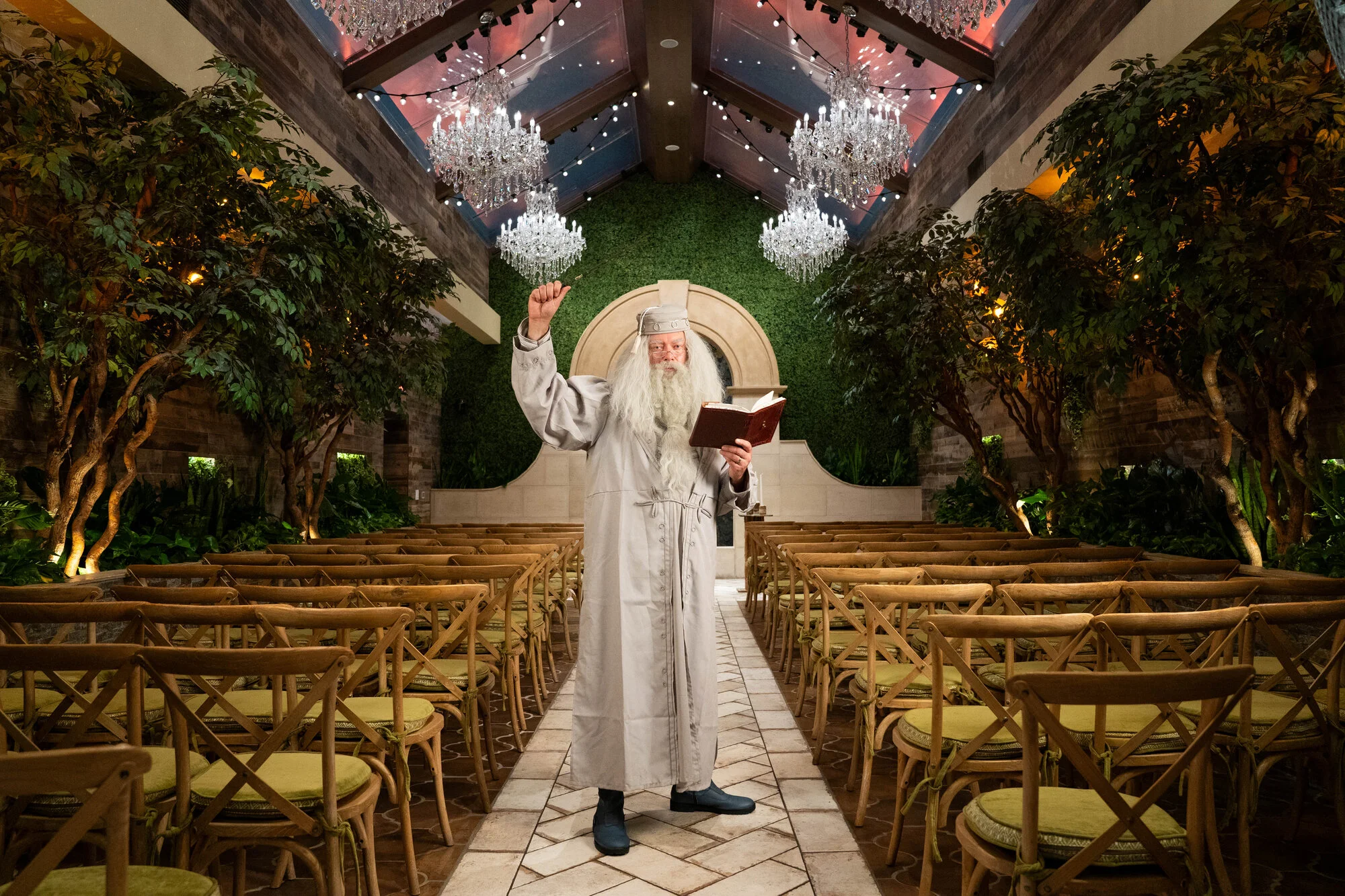 Wizard officiant performing a ceremony at a Las Vegas wedding chapel