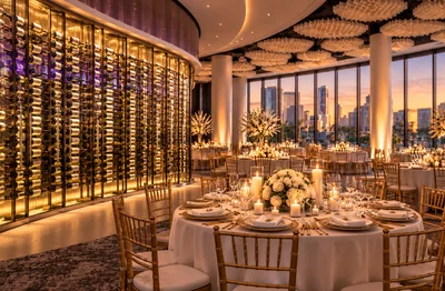 Skyline Dinner wine wall with panoramic sunset skyline views