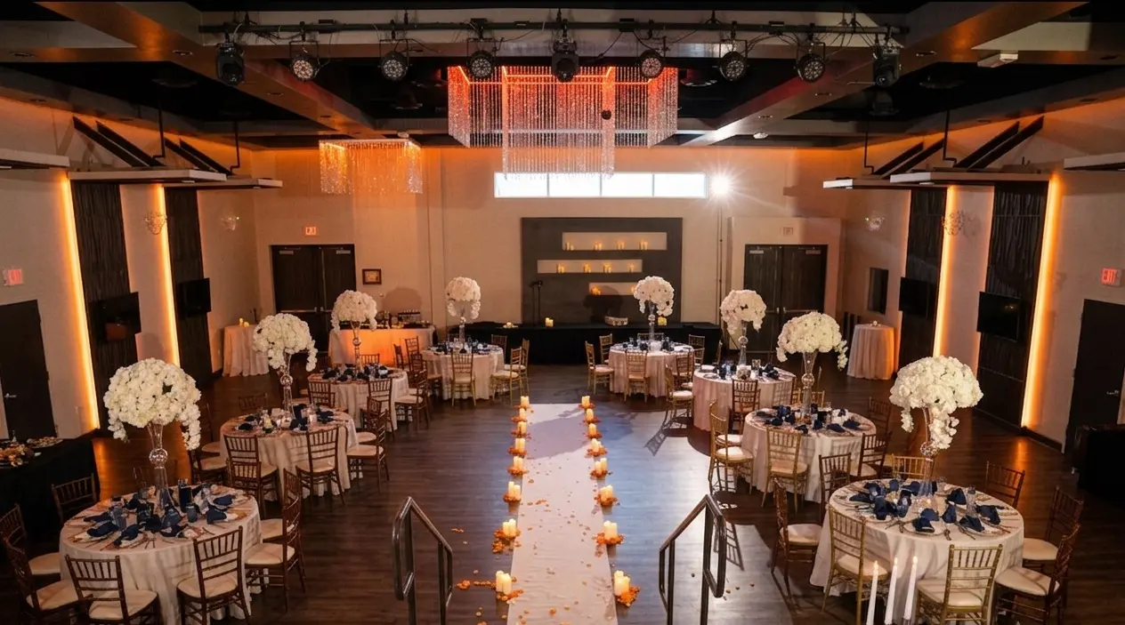 Reception dinner setup with Gold Chiavari chairs at Pulse in Las Vegas