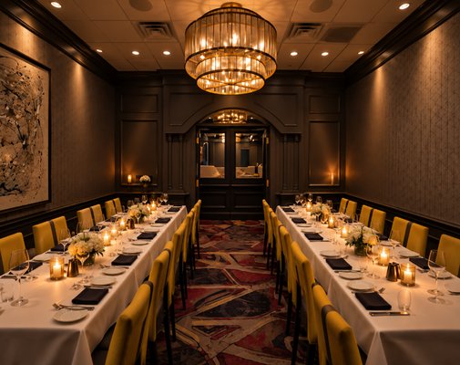 The Golden Room warm and inviting event space with chandelier
